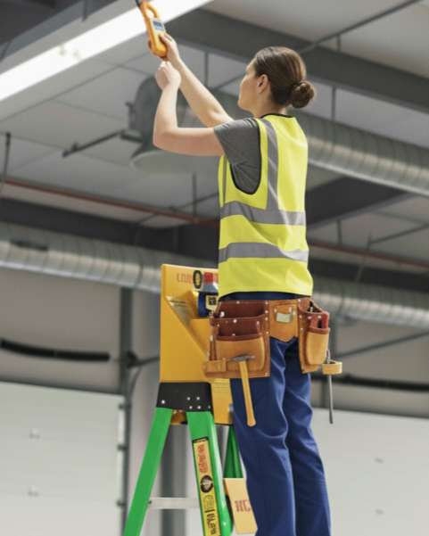 Not A Step device installed on ladder with worker using it safely